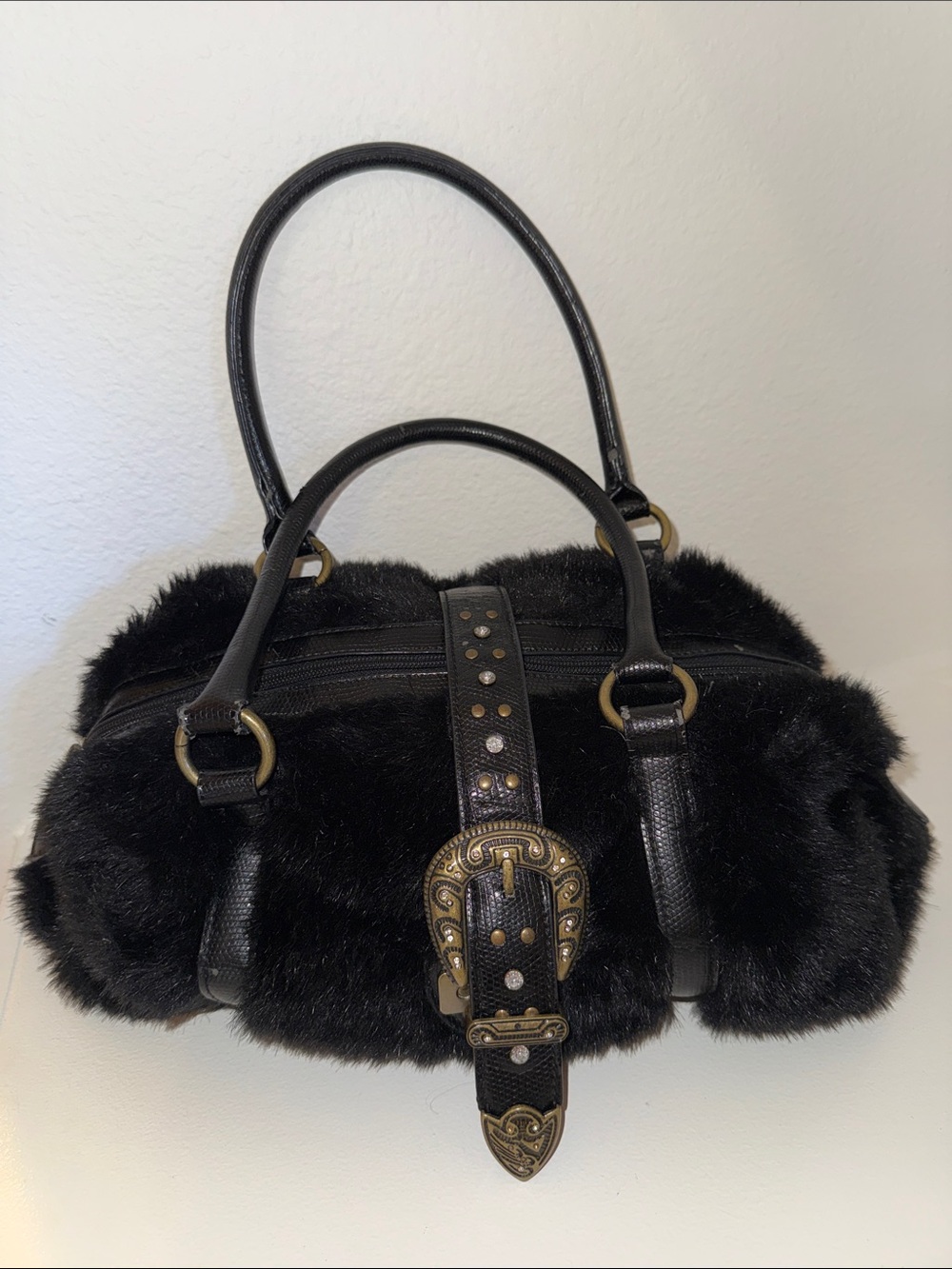 Black Faux Fur Top-Handle Satchel with Embellished Buckle
